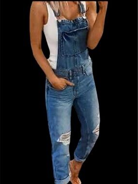 Stitch play Classic Blue Women's Overalls w distressed and rips raw hem.